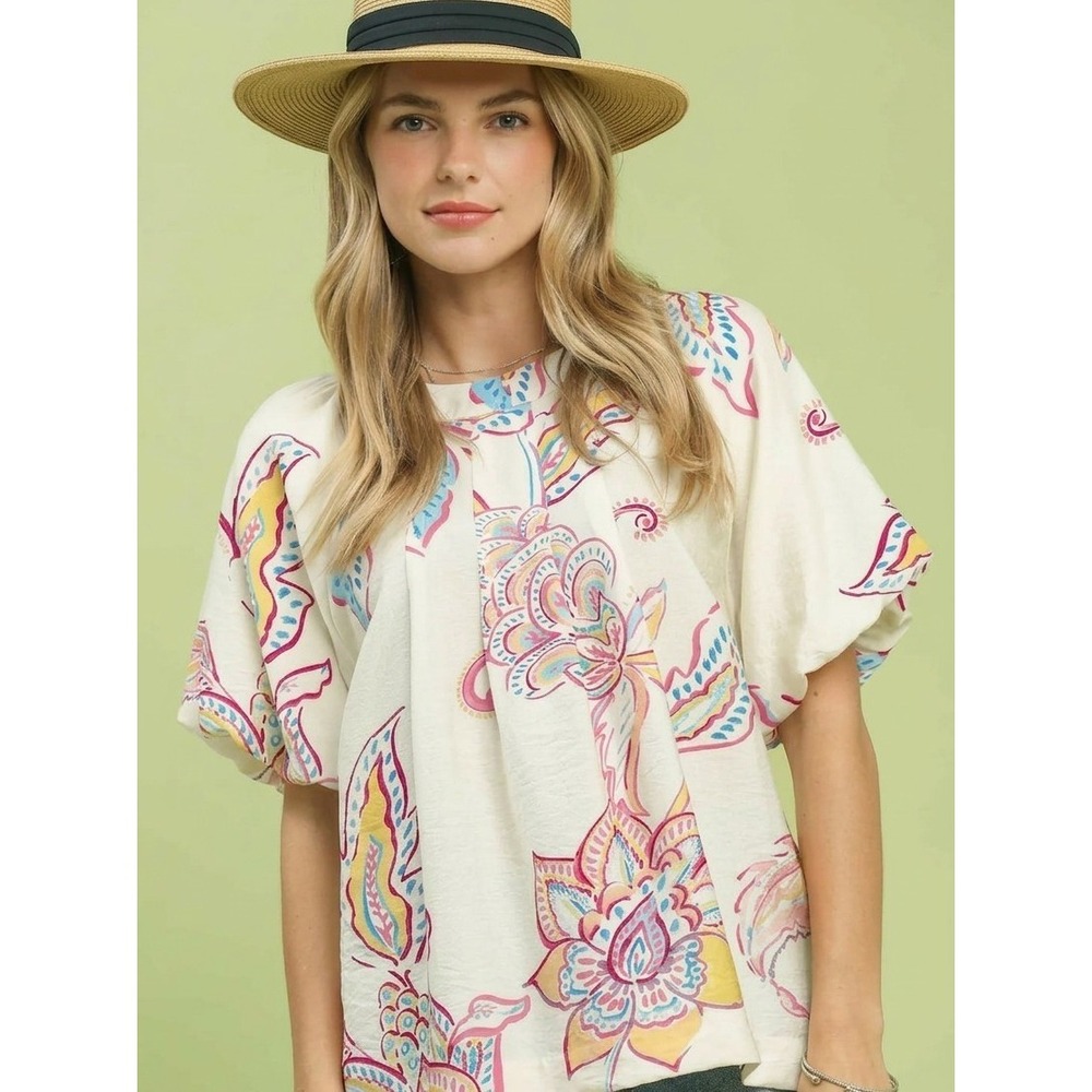 Umgee Paisley Print Puff Sleeve Top - Medium